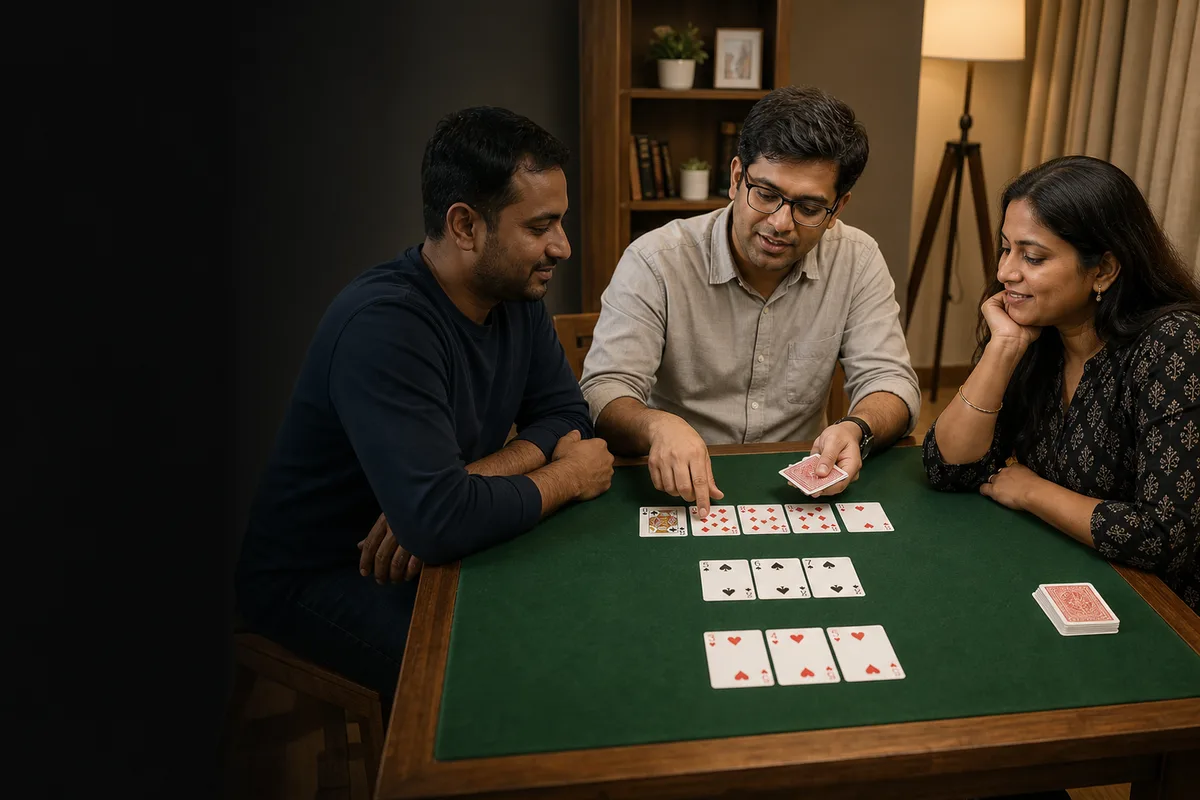 Three adult Indian friends learning 13-card Rummy with physical cards at home