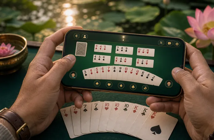 Phone in offline practice mode beside solo 13-card layout on felt