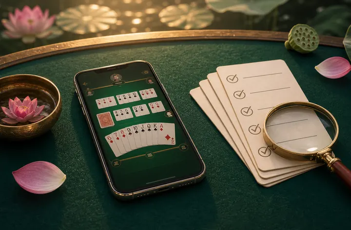 Editorial correction desk with policy ledger and rummy rule cards