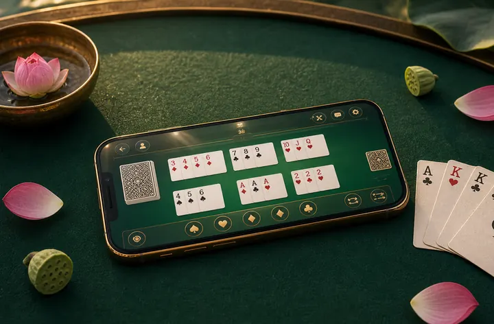 App identity verification desk with rummy cards and phone, separate from banking materials