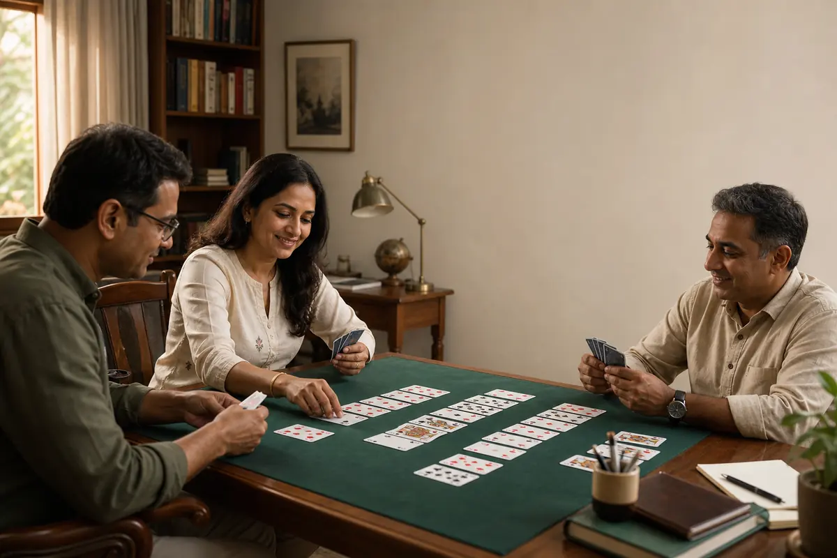 Three adult Indian learners arranging physical Rummy cards in a calm home classroom